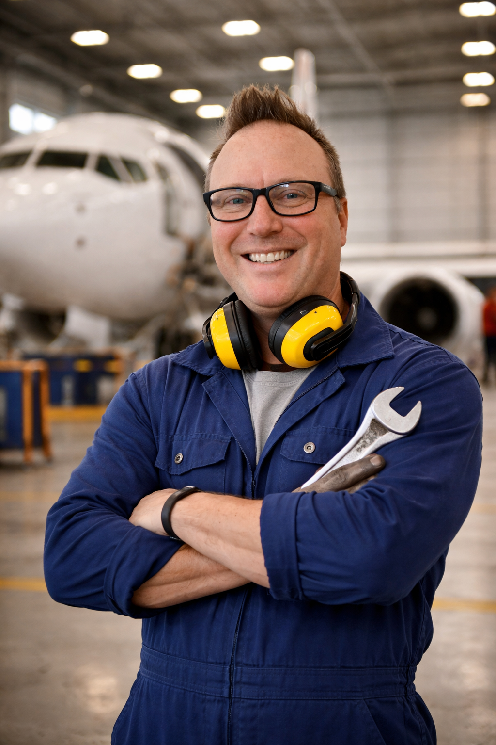 Jason Marquette in a hangar with an aircraft in the background